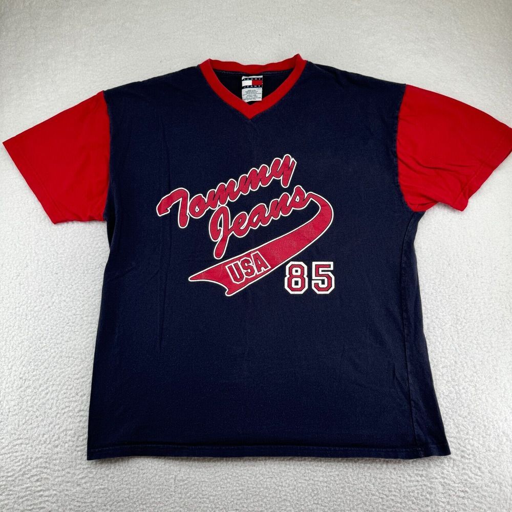 Vintage Tommy Jeans T-Shirt Mens Large Blue Red Short Sleeve Baseball USA Made